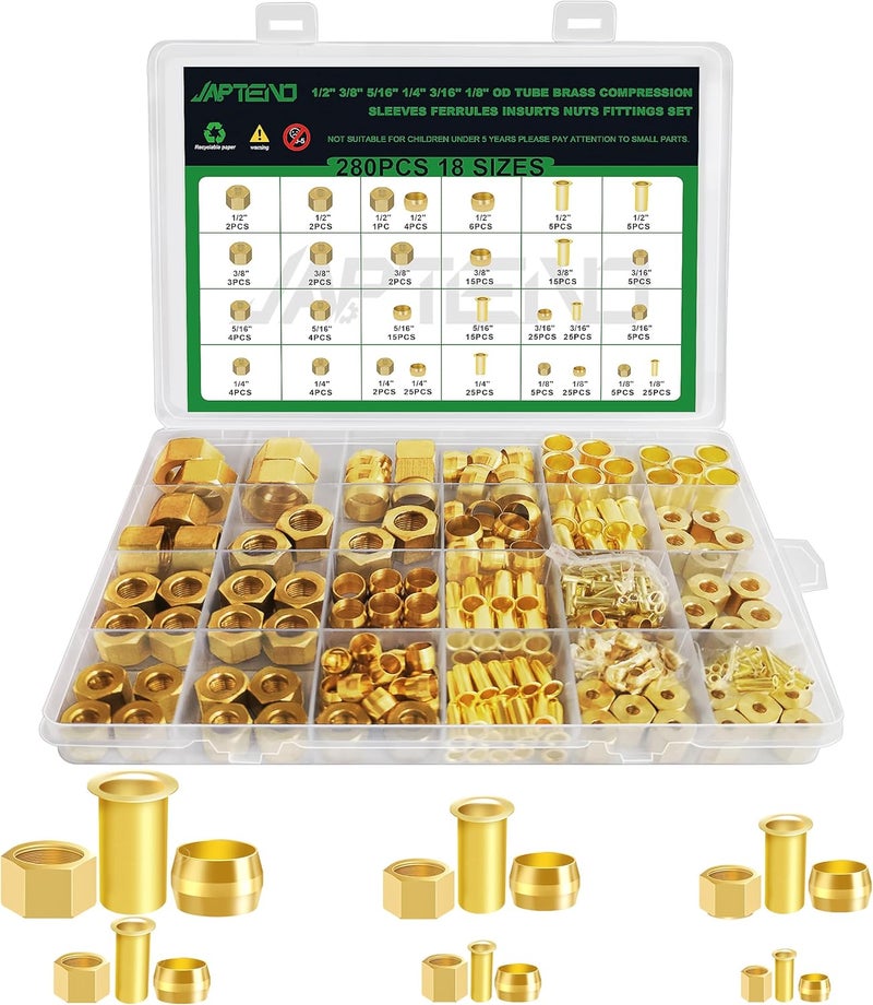 Japtend 280pcs 1/2" 3/8" 5/16" 1/4" 3/16" 1/8" Brass Compression Sleeves Ferrules Inserts Nuts Fittings Assortment Kit, 6 Sizes Hose Repair Kit of Air Water Fuel Oil Gas Tube Lines - Image 1
